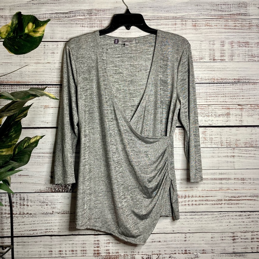 Was💲15! EUC Jennifer Lopez sparkly silver ruched wrap top women’s medium